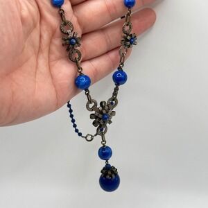 Vintage Art Deco Cobalt Blue Glass Bead Brass Floral Bow Drop Pendant Necklace